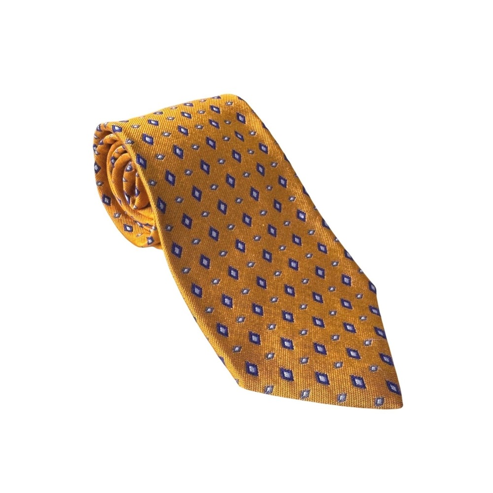 Polo Ralph Lauren Mens‎ Silk Tie Gold Blue Geometric Diamond Pattern Made in USA
